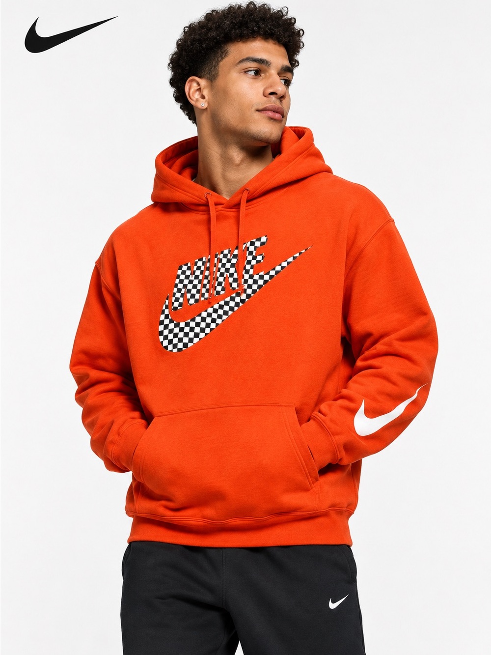 Nike Men’s Orange Checker Print Swoosh Logo Pullover Hoodie XL